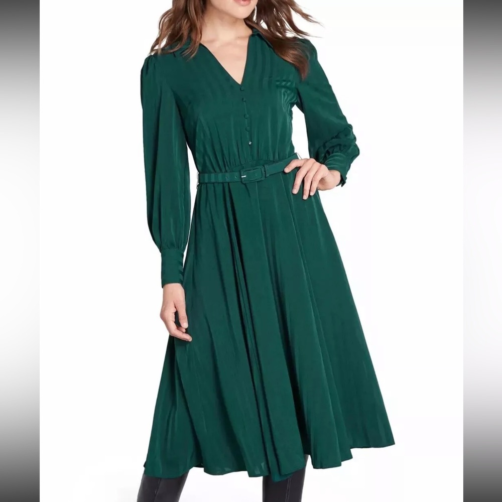 MODCLOTH SHADOW STRIPED GREEN BELTED LONG SLEEVE SHIRT DRESS SIZE 16